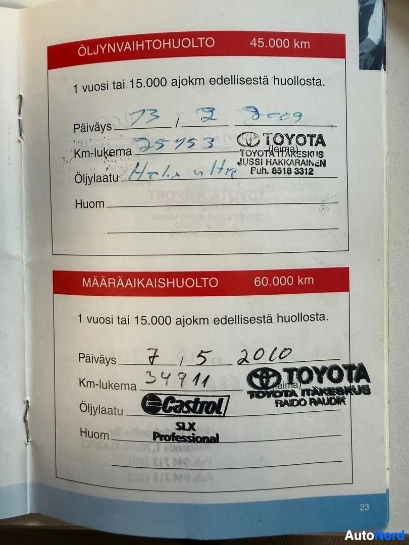 Asiakirja: Kolme peräkkäistä huoltopalvelukuittia, joissa käsin kirjoitetut päivämäärät, kilometrilukema ja öljylaatu.