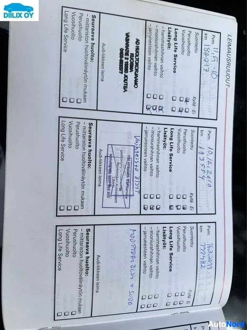 Asiakirja: Kuntotarkastusraportin sivuja, joissa näkyy Audi-merkki, käsin kirjoitetut merkinnät, varustelutiedot ja ruksiyksiköt sekä joitain kuvatekstejä.