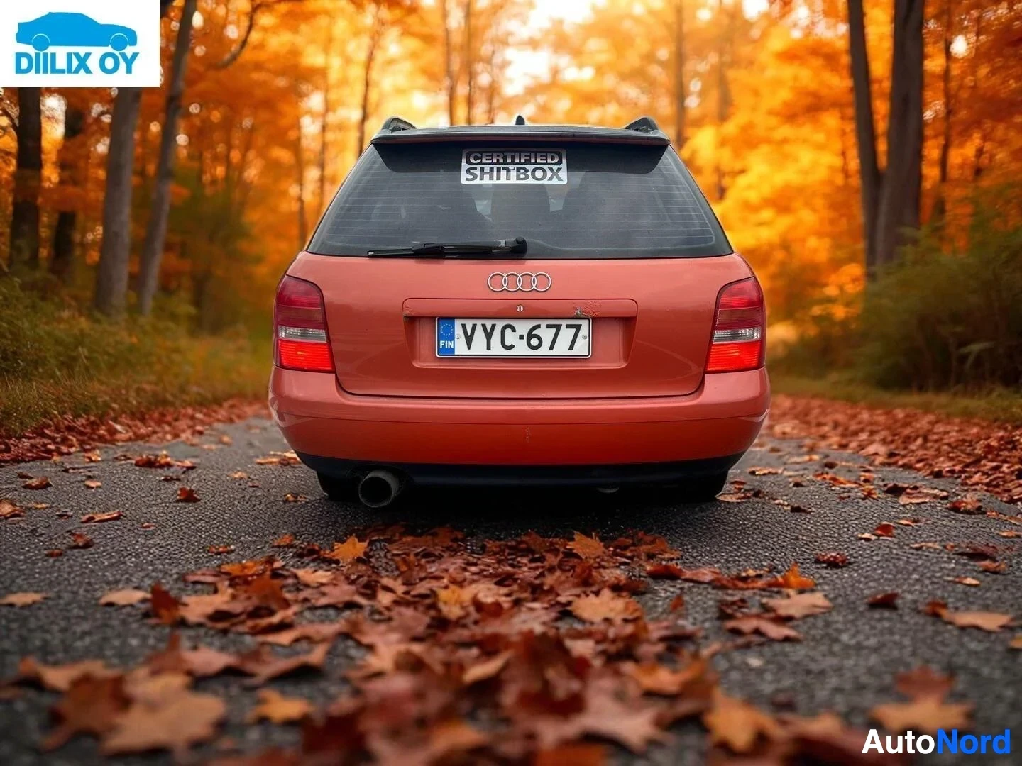 Takaa: Punainen Audi A4 farmari takaa, rekisteritunnus, turvaetiketti takalasin sisäpuolella