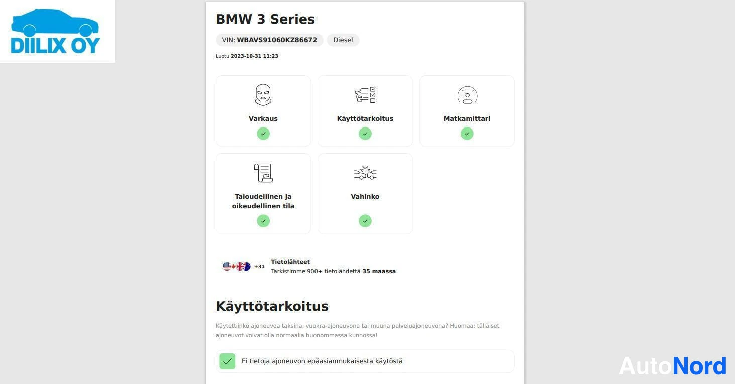 Asiakirja: BMW 3 Series -myyntöilmoitus VIN-numerolla ja Käyttötarkoitus-osio, jossa näkyy Varkaus, Käyttötarkoitus, Matkamittari, Taloudellinen ja oikeudellinen tila sekä
