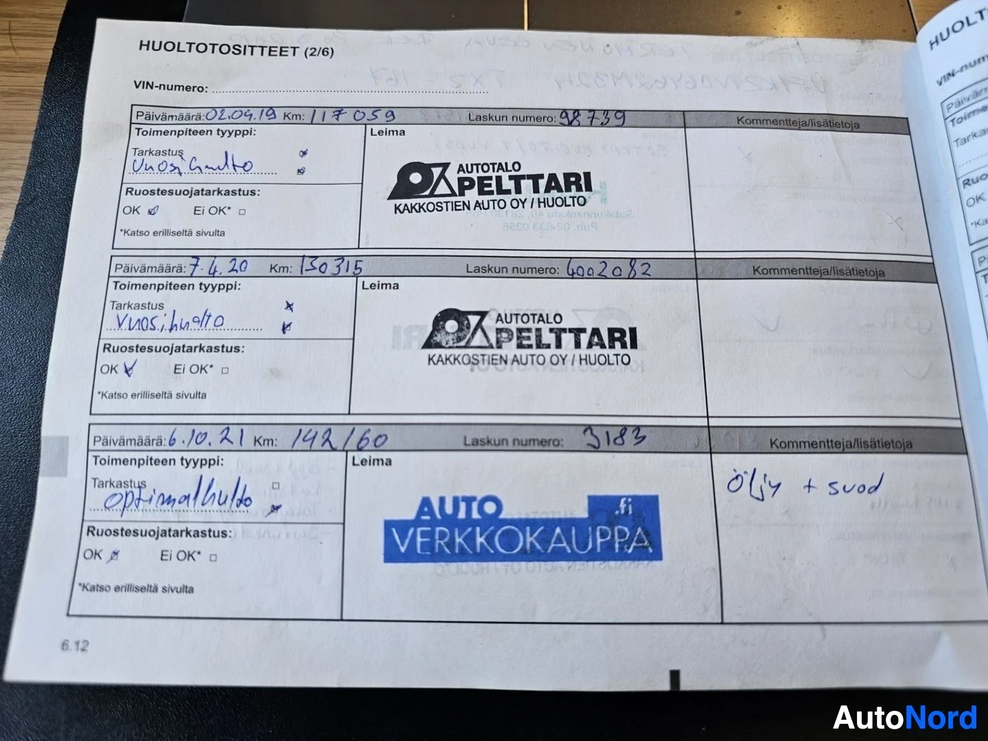 Asiakirja: Huoltotositteet (2/6) - palvelutositteiden keskiosa usealla huoltokeralla kaikilta auto-korjaamoilta merkityt rivit.