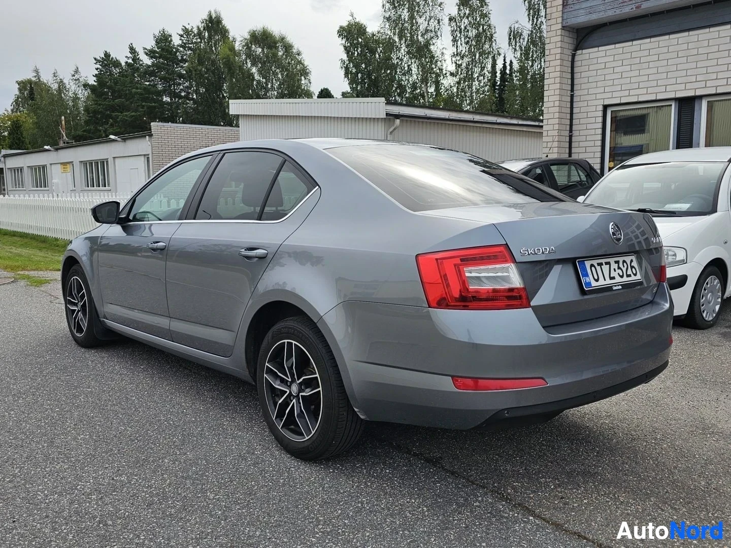 Takaviisto: Harmaa Skoda Octavia sedan takaviistosta, punainen takavalo ja rekisterikilpi näkyvissä, alumiiniset vanteet