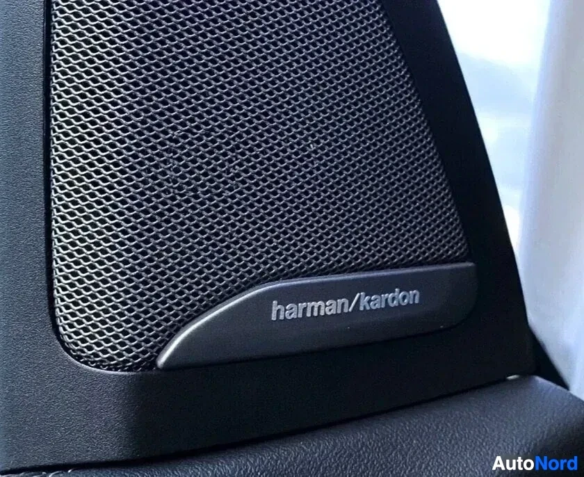 Yksityiskohta: Harman/Kardon premium audio-järjestelmän kaiutin mustusti verkon kanssa auton sisäpuolella.
