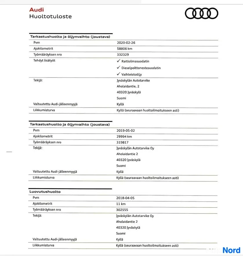 Asiakirja: Audi huoltopalvelun huoltokirja-asiakirja, jossa näkyy kolme huoltohistoriatapahtumaa vuosien 2018-2020 välillä, osoite Jyväskylässä, Suomessa