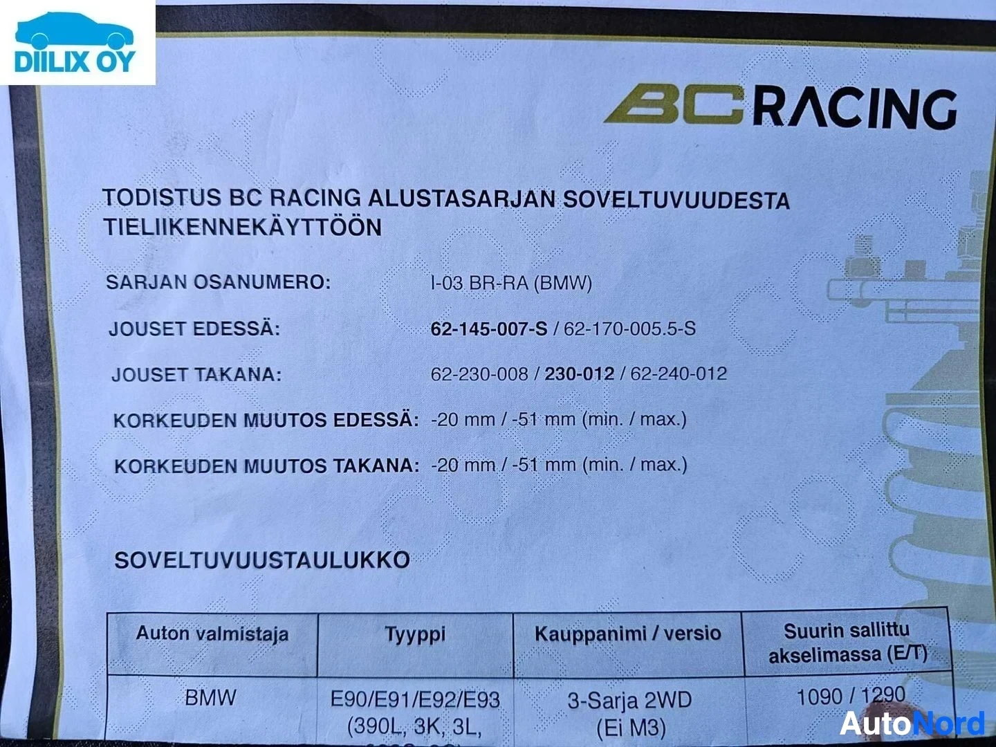 Asiakirja: BC Racing alustaosan soveltuvuustodistus BMW-autoille, sarjanumero I-03 BR-RA, E90/E91/E92/E93-malleille, 3-Sarja 2WD (EI M3)