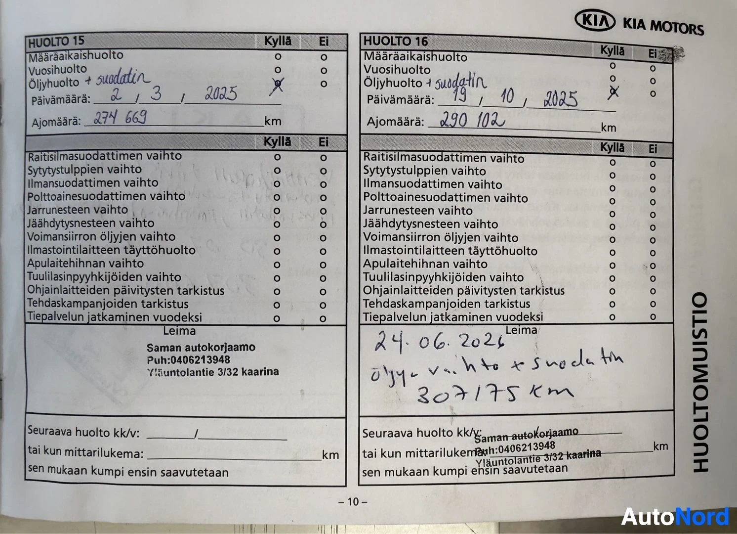 Asiakirja: Kia-huolto-aseman palveluiden tarkistusasiakirja useilla merkinnöillä ja muistiinpanoilla