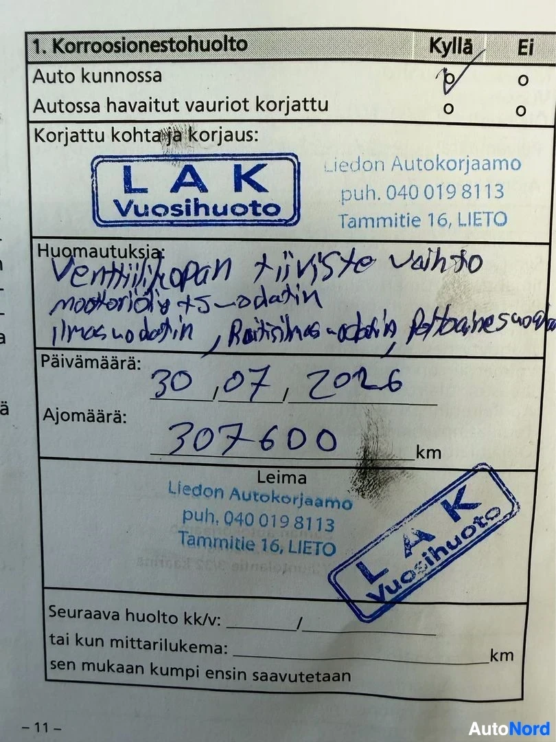 Asiakirja: Korroosionesto-huollon asiakaskierros-asiakirja merkityin huomautuksin ja päivämäärillä