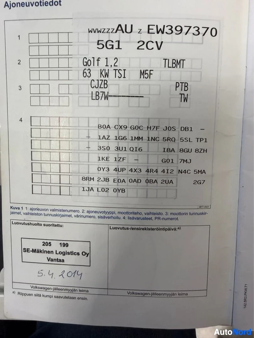 Asiakirja: Ajoneuvokaavio-dokumentti, jossa näkyvät VIN WVWZZZAU z EW397370, Golf 1,2 63 KW TSI, TLBMT, CJZB, PTB, LB7W, TW ja moottoritunnuksien variaatiot.