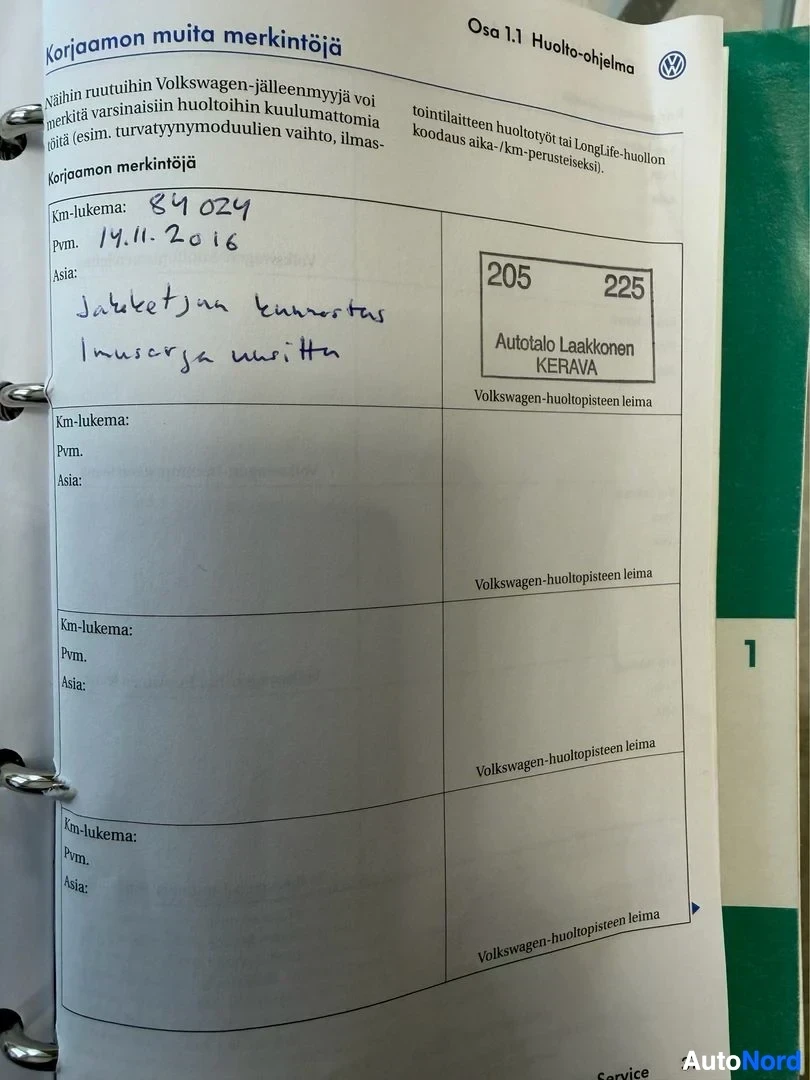 Asiakirja: Volkswagen-huollon korjaamon merkintöjen sivu, jossa handwritten notes ja Autotalo Laakkonen KERAVA -leima. Päivämäärä 14.11.2016 ja mittarilukema 91024 km näky