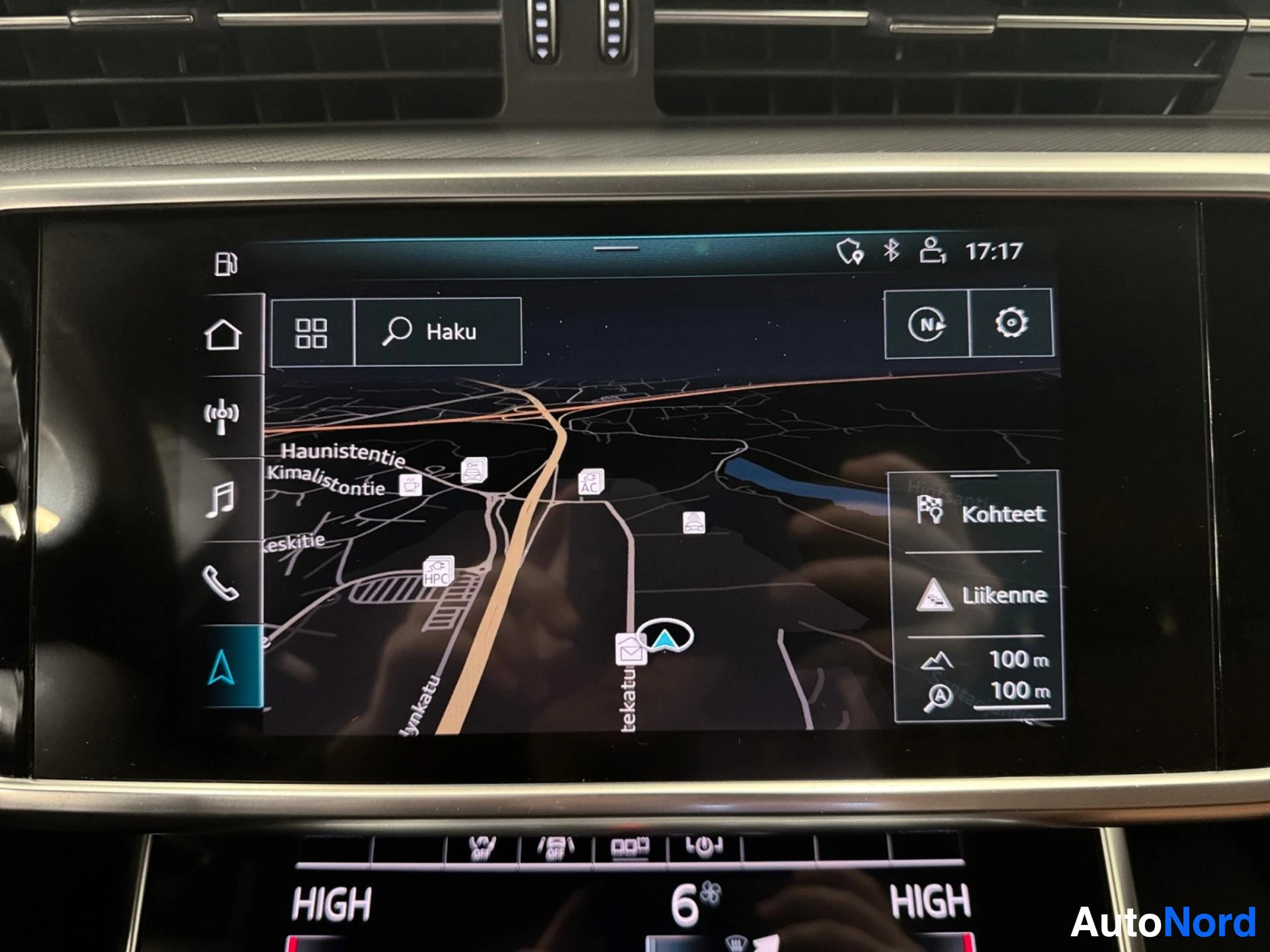 Navigation display screen showing map with route information