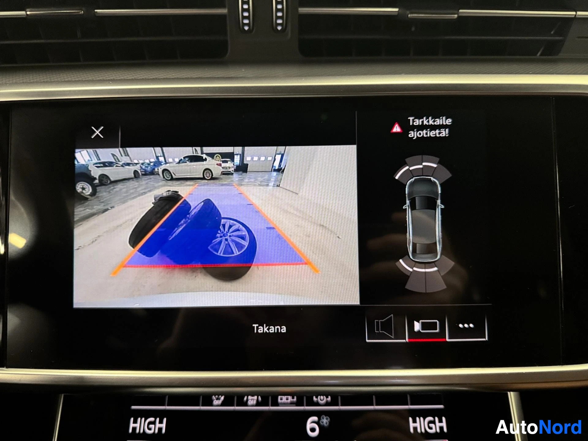 Rear and surround-view camera display showing parking assistance