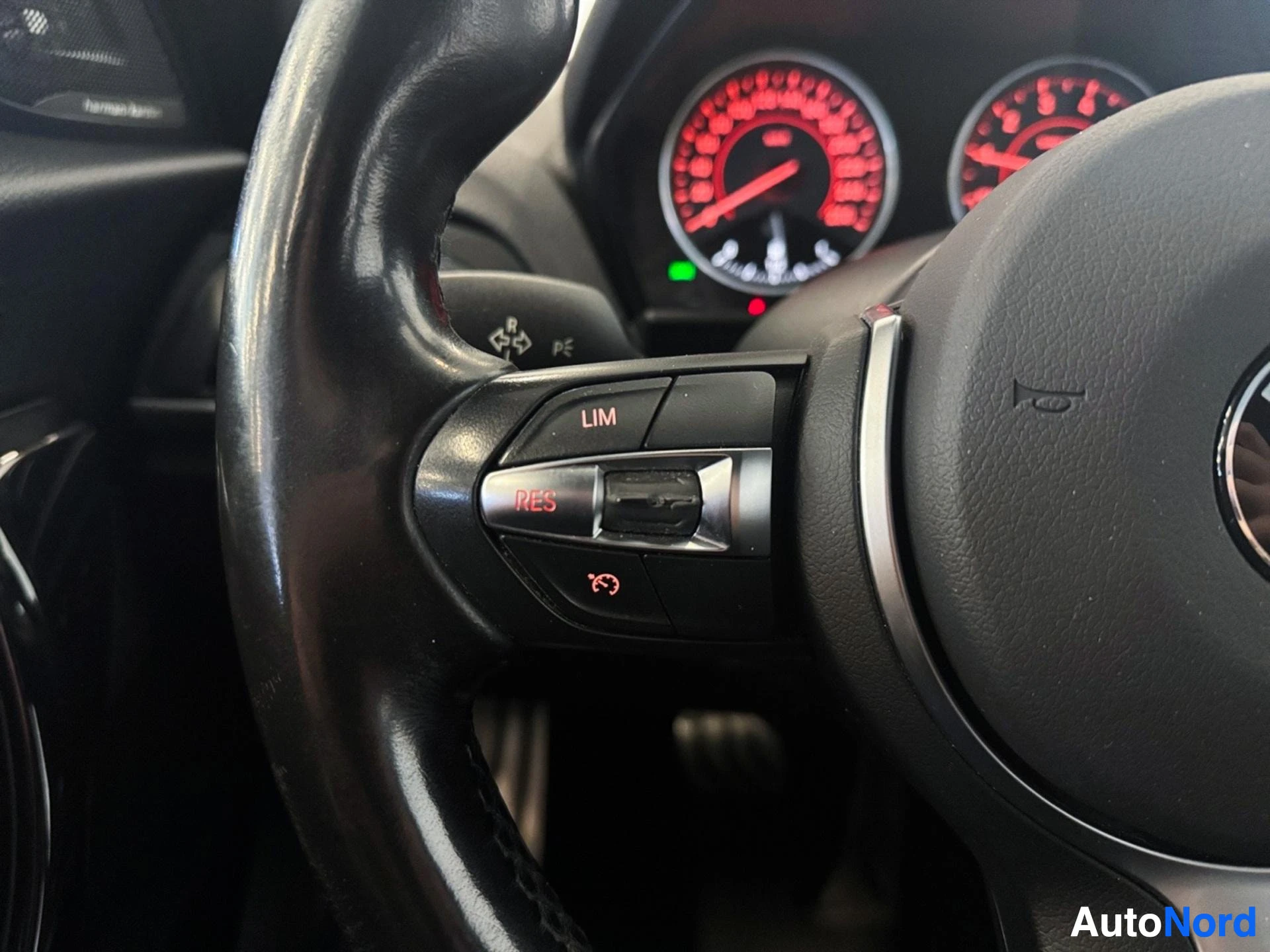 Steering wheel with cruise control buttons and red illuminated instrument cluster gauges