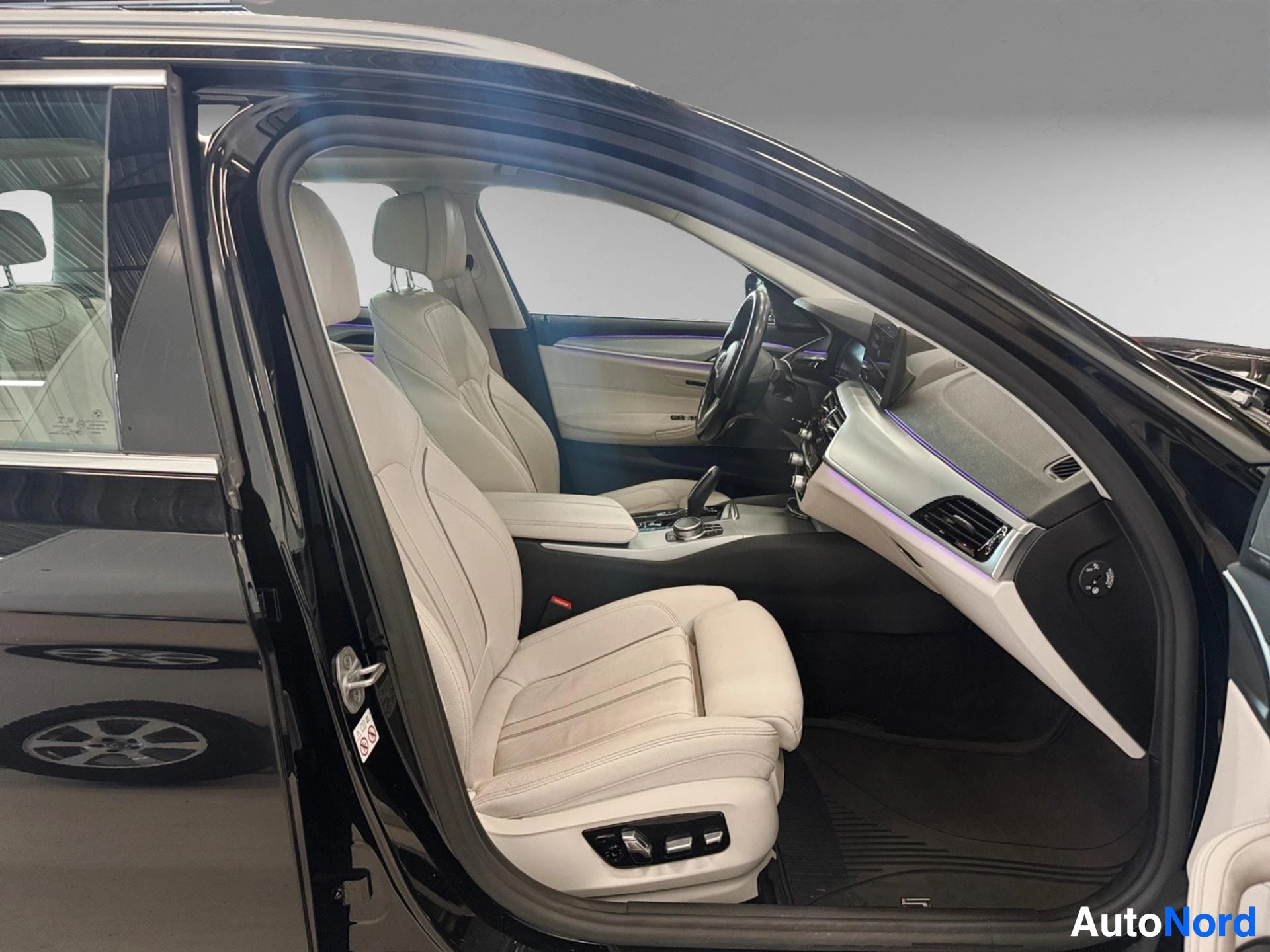 Dark sedan interior side view with cream leather seats and blue door trim