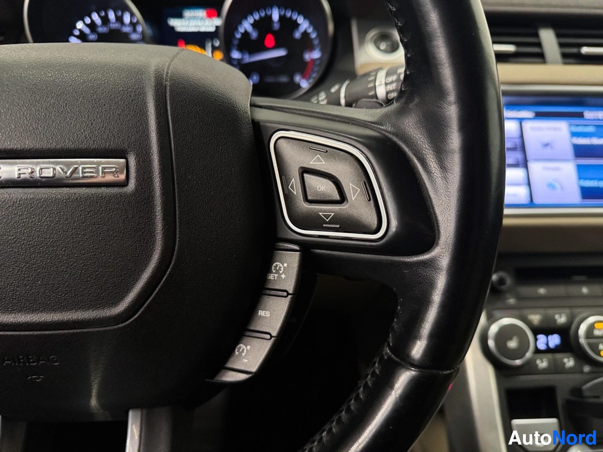 Steering wheel control pad with navigation buttons and dashboard behind