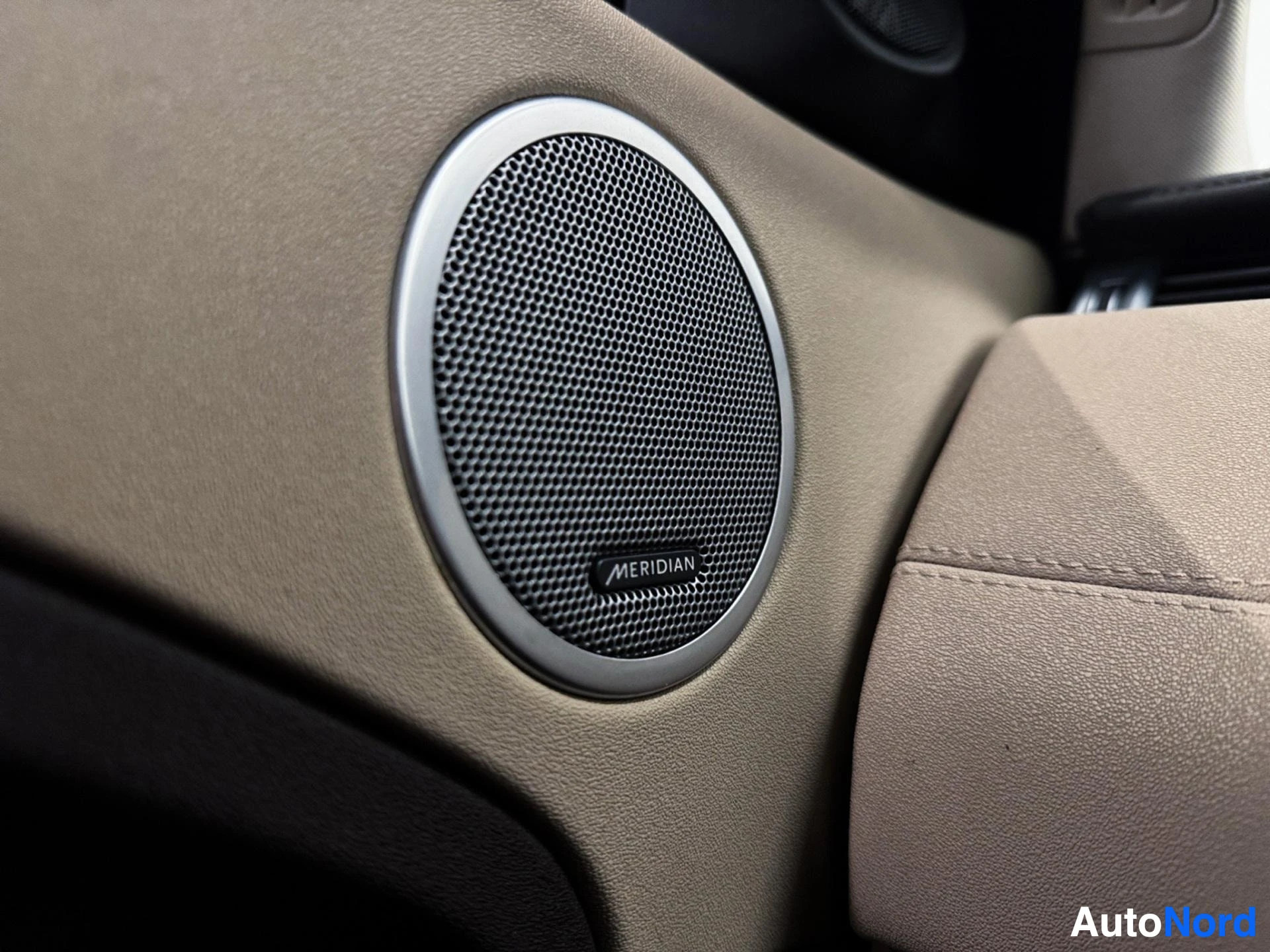 Door panel speaker with Meridian audio system branding and leather trim
