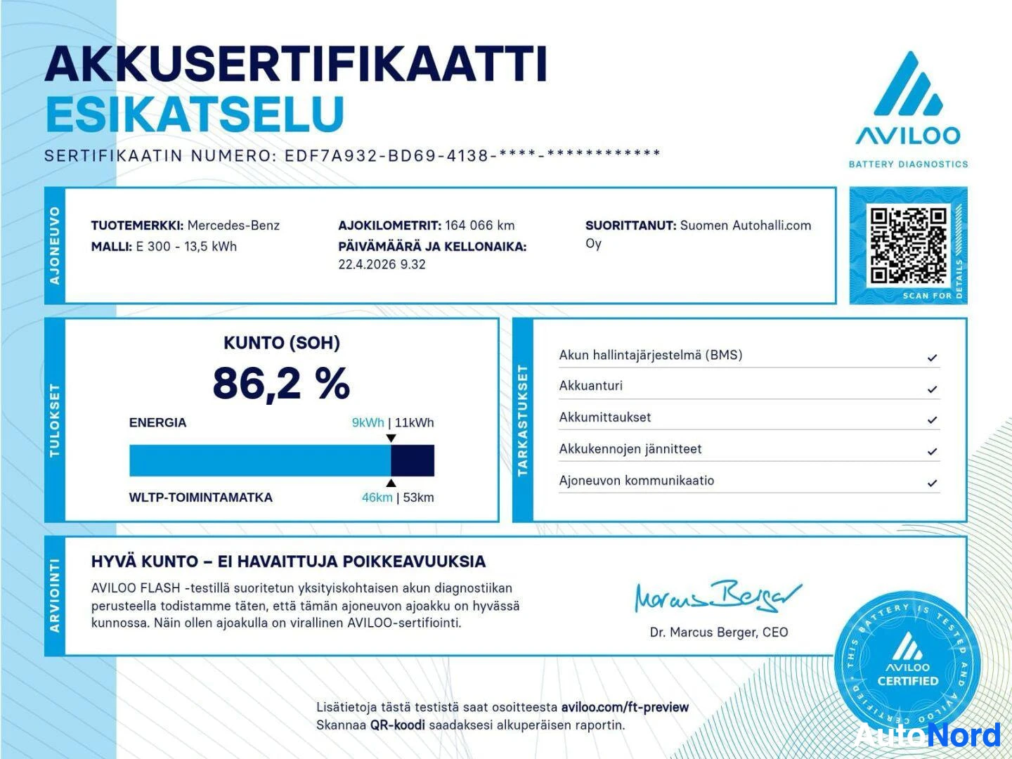 Battery diagnostic certificate with technical specifications and performance data