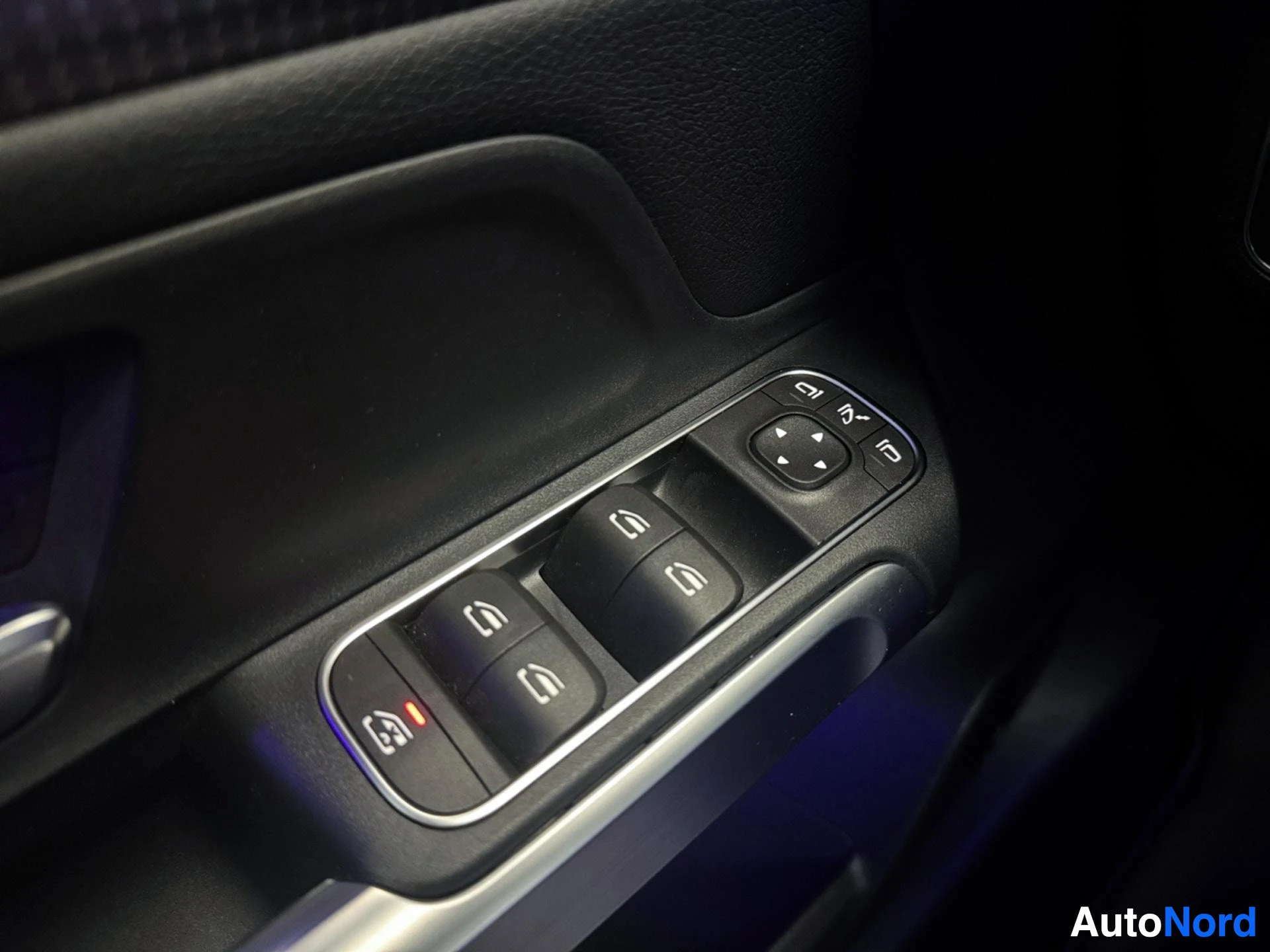 Door panel with electric window switches and mirror adjustment buttons