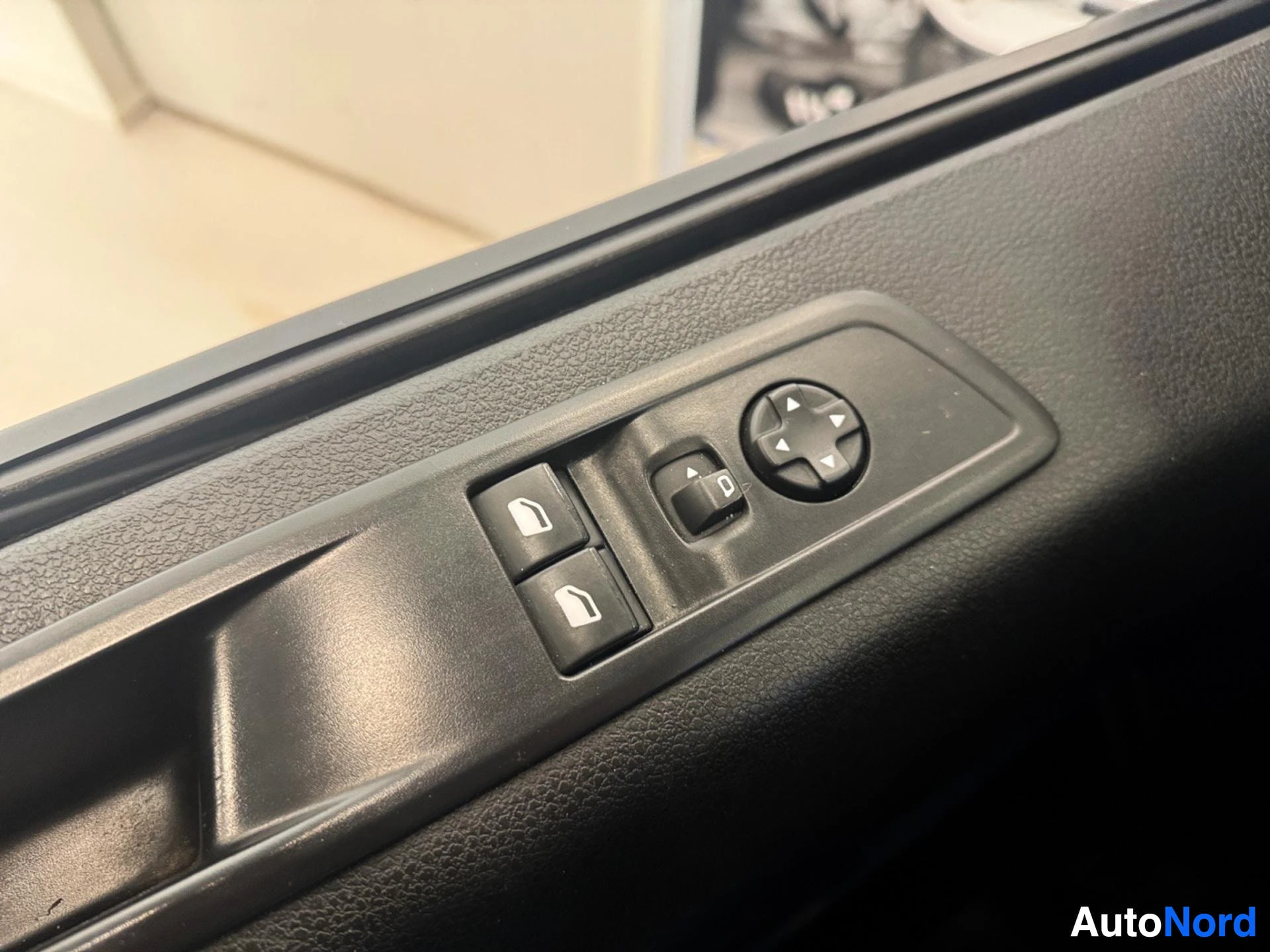 Door panel with window and lock control buttons