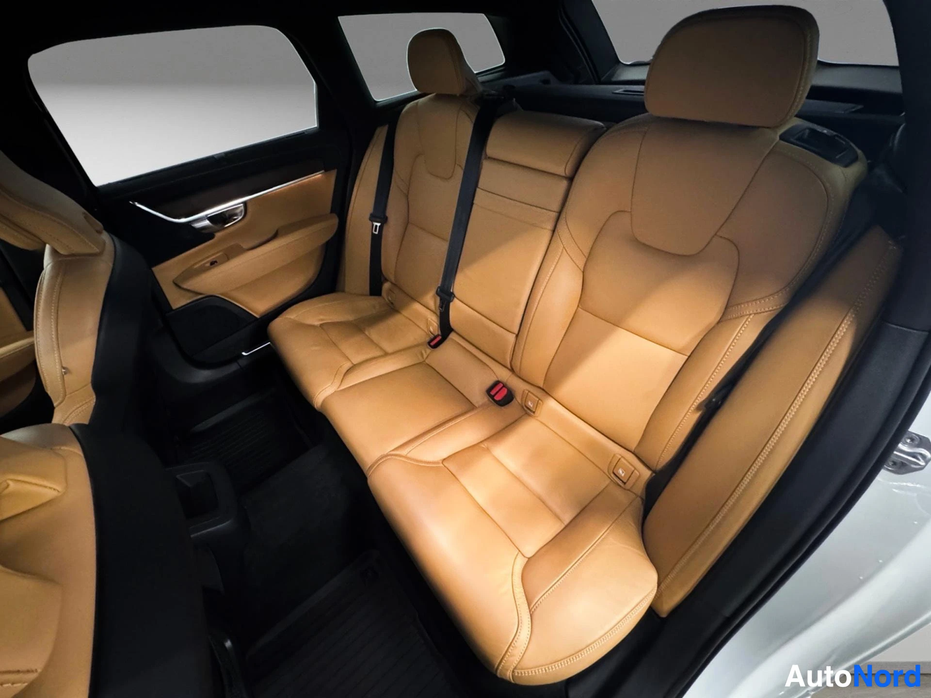 Rear passenger seating with tan leather upholstery and headrests
