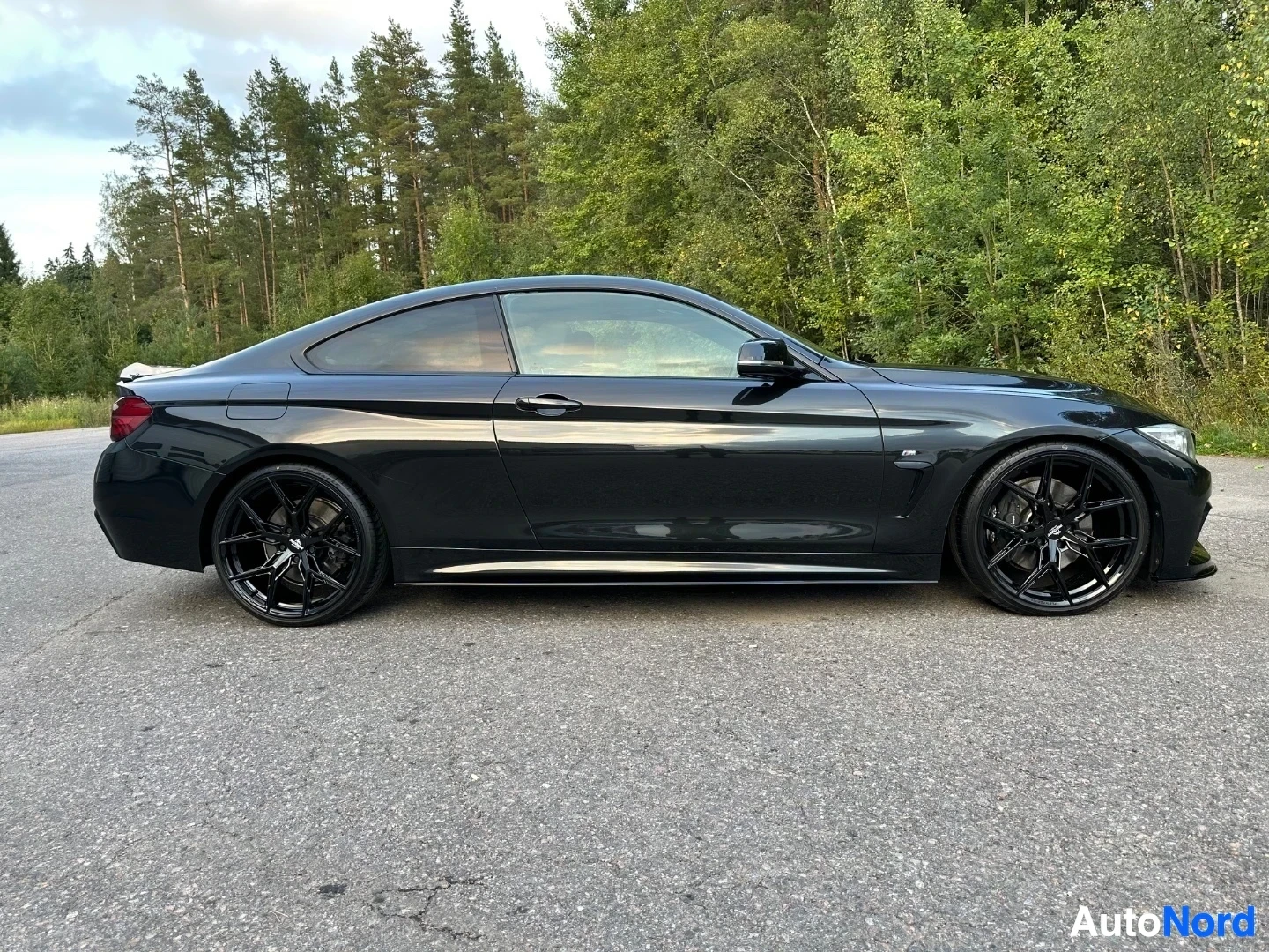 Black BMW coupe side profile view with dark alloy wheels and tinted windows