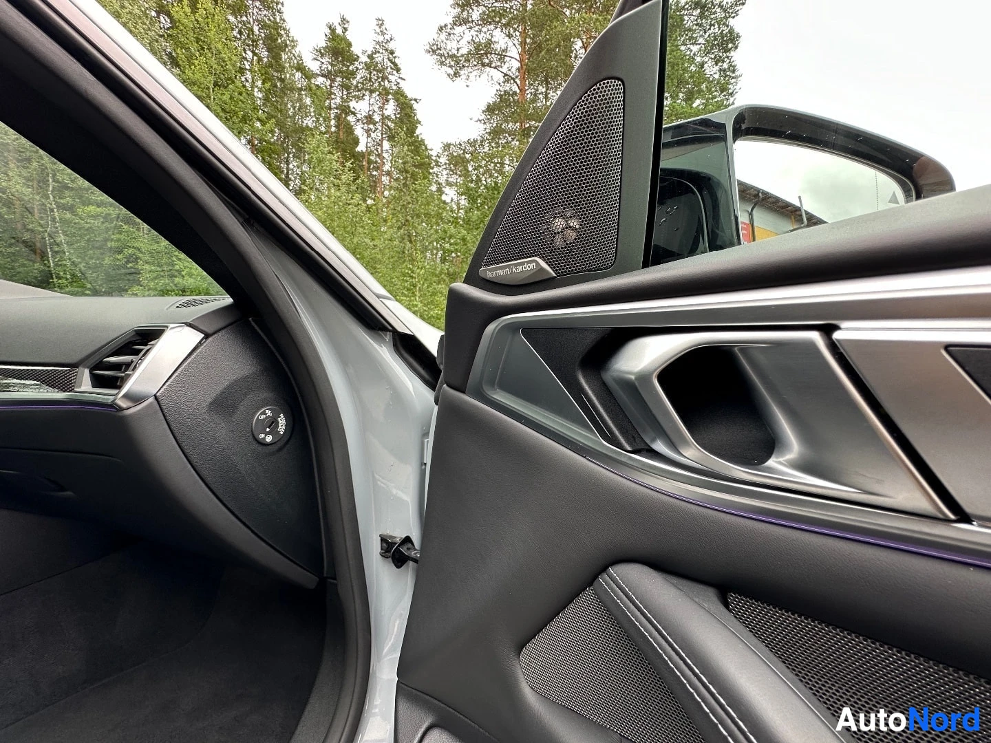 Open driver door showing door panel and speaker grille with forest background