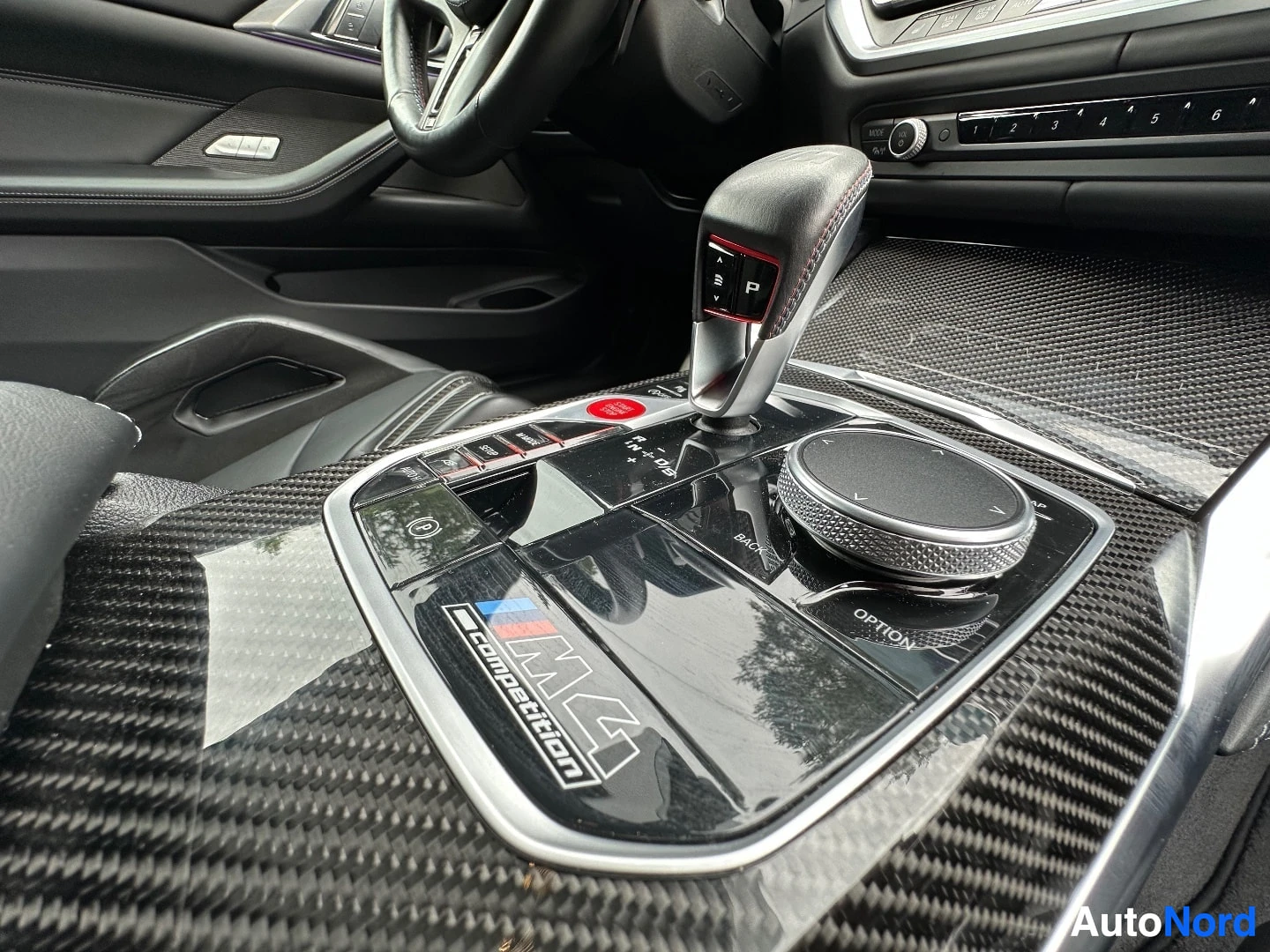 Carbon fiber center console with gear shift and climate controls