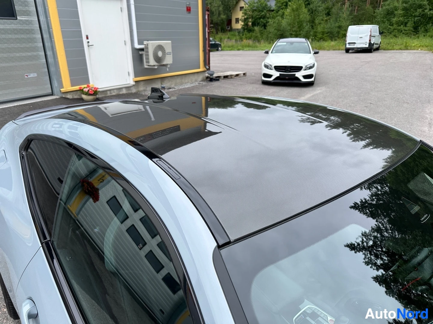 Roof with carbon fiber panel and sunroof viewed from above