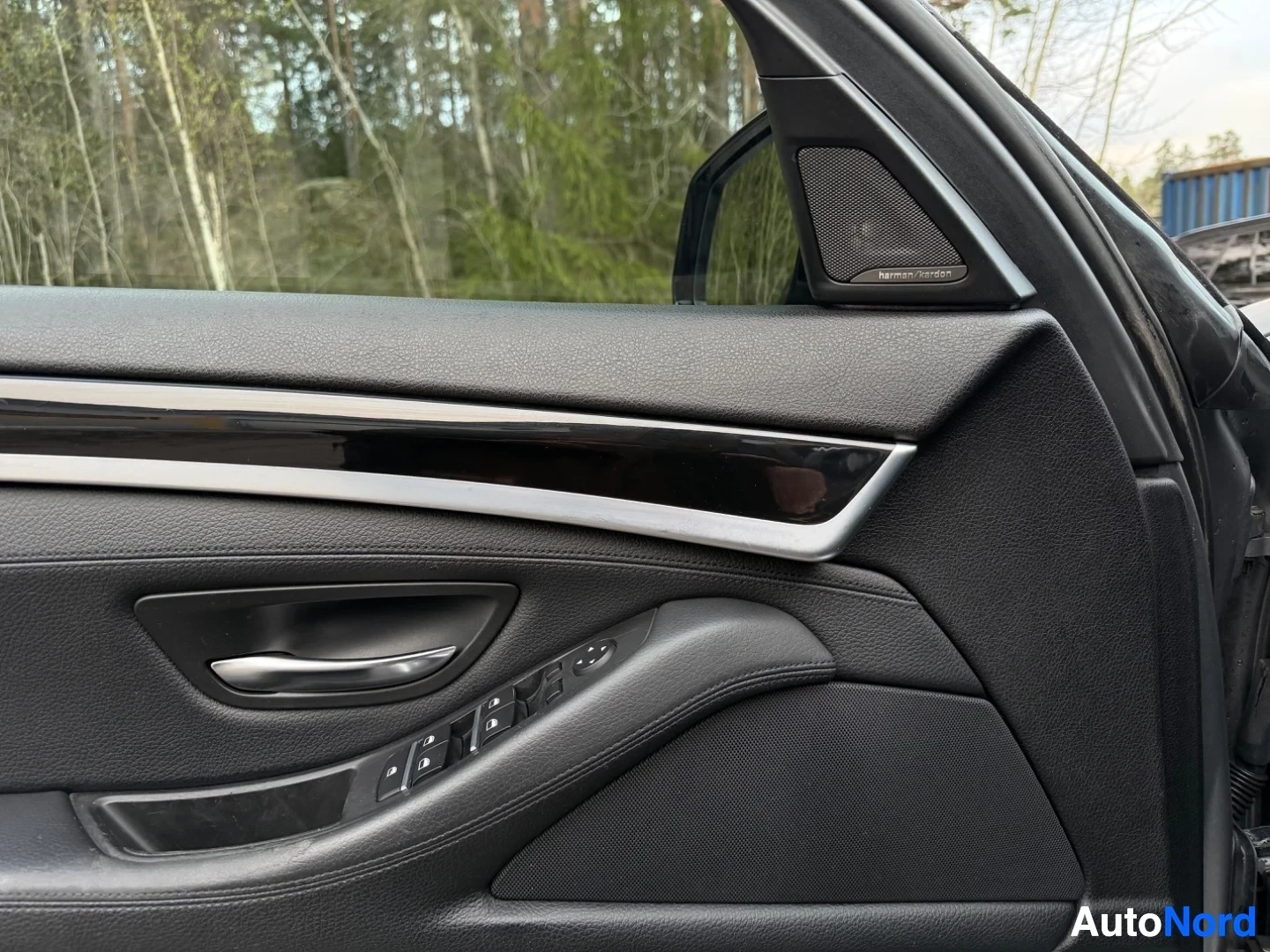 Driver side door panel with window controls and speaker visible