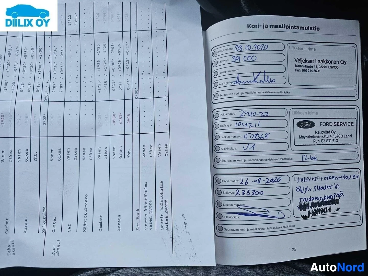 Asiakirja: Avoin kunnossapitokirja, joka sisältää huoltohistoriaa ja korjaustietoja. Näkyvillä Veljekset Laakkonen Oy:n ja Nailoyrä Oy:n Ford Service -merkinnöillä täytety
