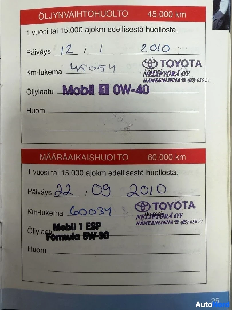 Asiakirja: Toyota-huoltokirjan sivut, jossa näkyvät öljynvaihto- ja määräaikaishuoltojen tiedot
