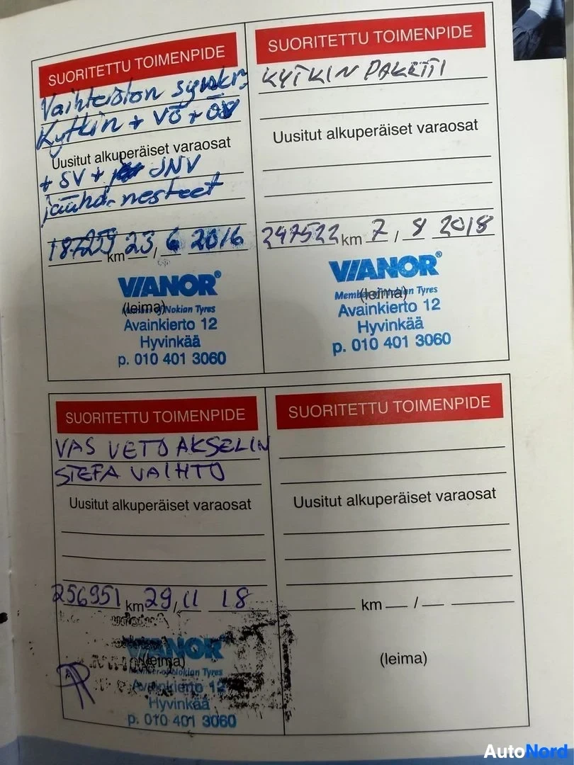 Asiakirja: Neljä suoritettu toimenpide lomaketta VANOR-yrityksen leimalla. Ylävasemmalla: Variteision synkk (hanki+Vörad, lisäarvio), alku kausi lukema 189995 km 13.6 2016