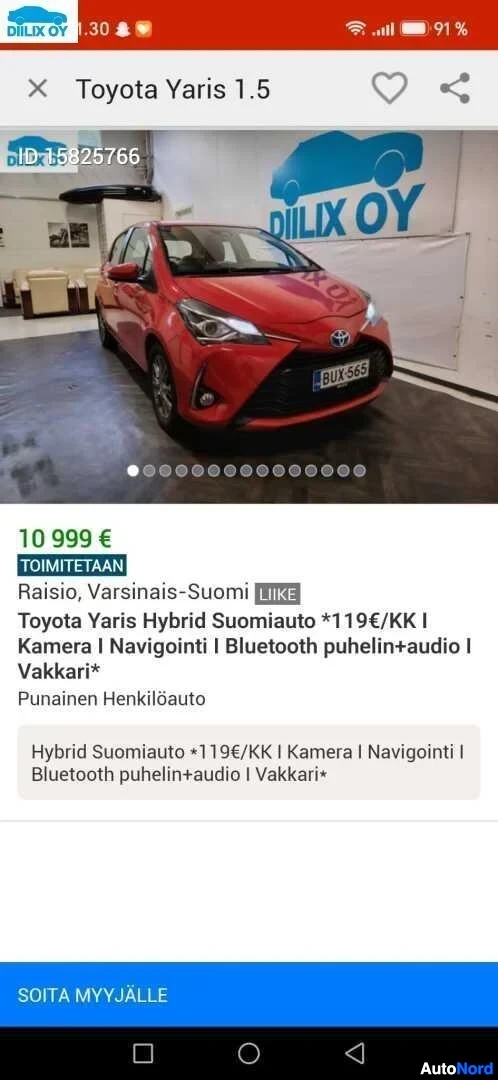 Muu: Mobiilinäkymä ilmoituksesta Toyota Yaris 1.5: punainen auto etuviistossa ja hintatiedot 10 999 €.
