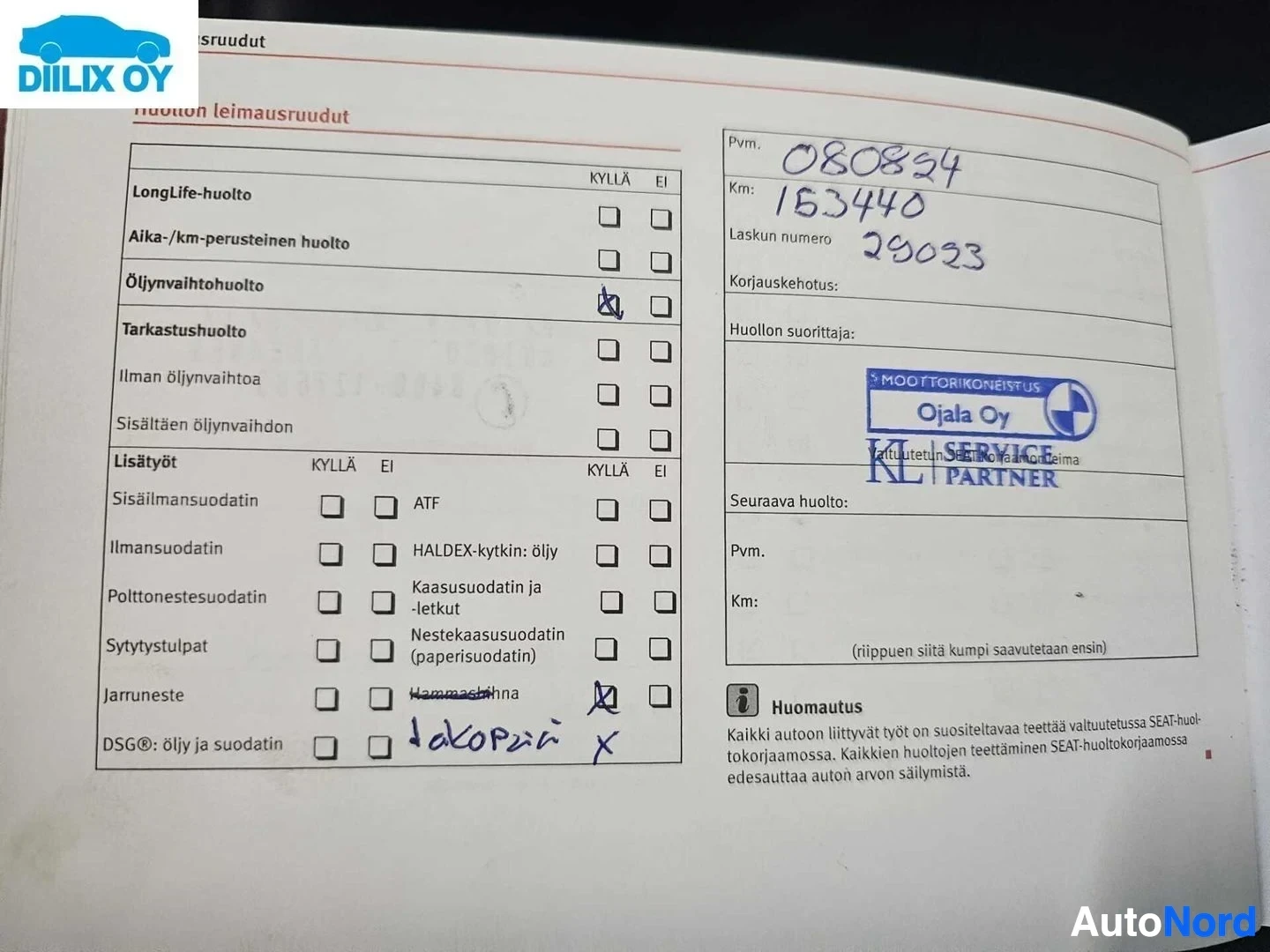Asiakirja: SEAT-huoltokorjaamon muita merkintöjä -dokumentin toinen sivu, jossa huollon leimaustietoja ja huoltokohteita lueteltuna ruksattuina valintoina.