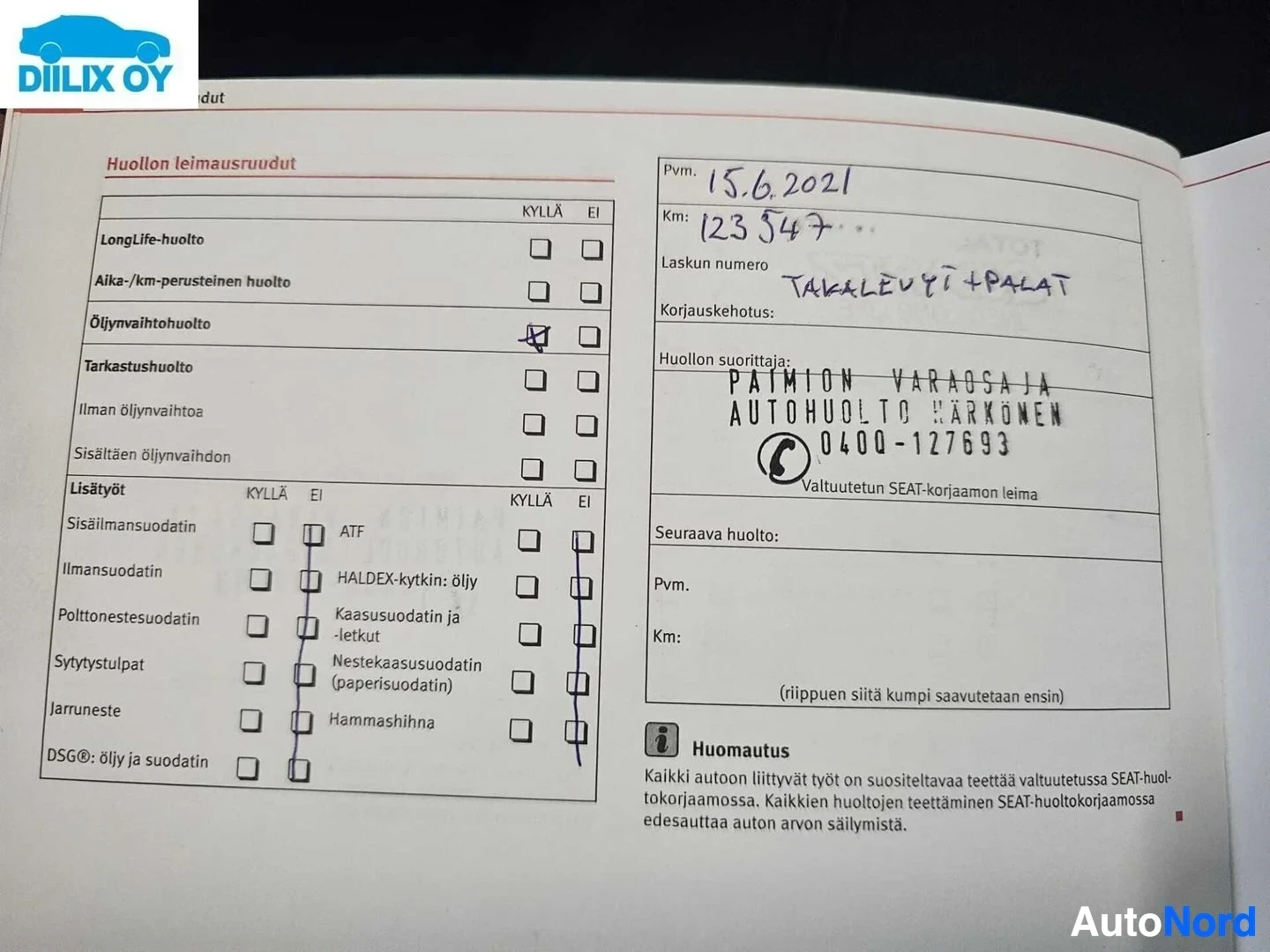 Asiakirja: SEAT-huoltokorjaamon huollon leimausruudit -dokumentin sivu, jossa huoltokohteita ja päivämäärä 15.6.2021 sekä kilometrit merkittyinä.