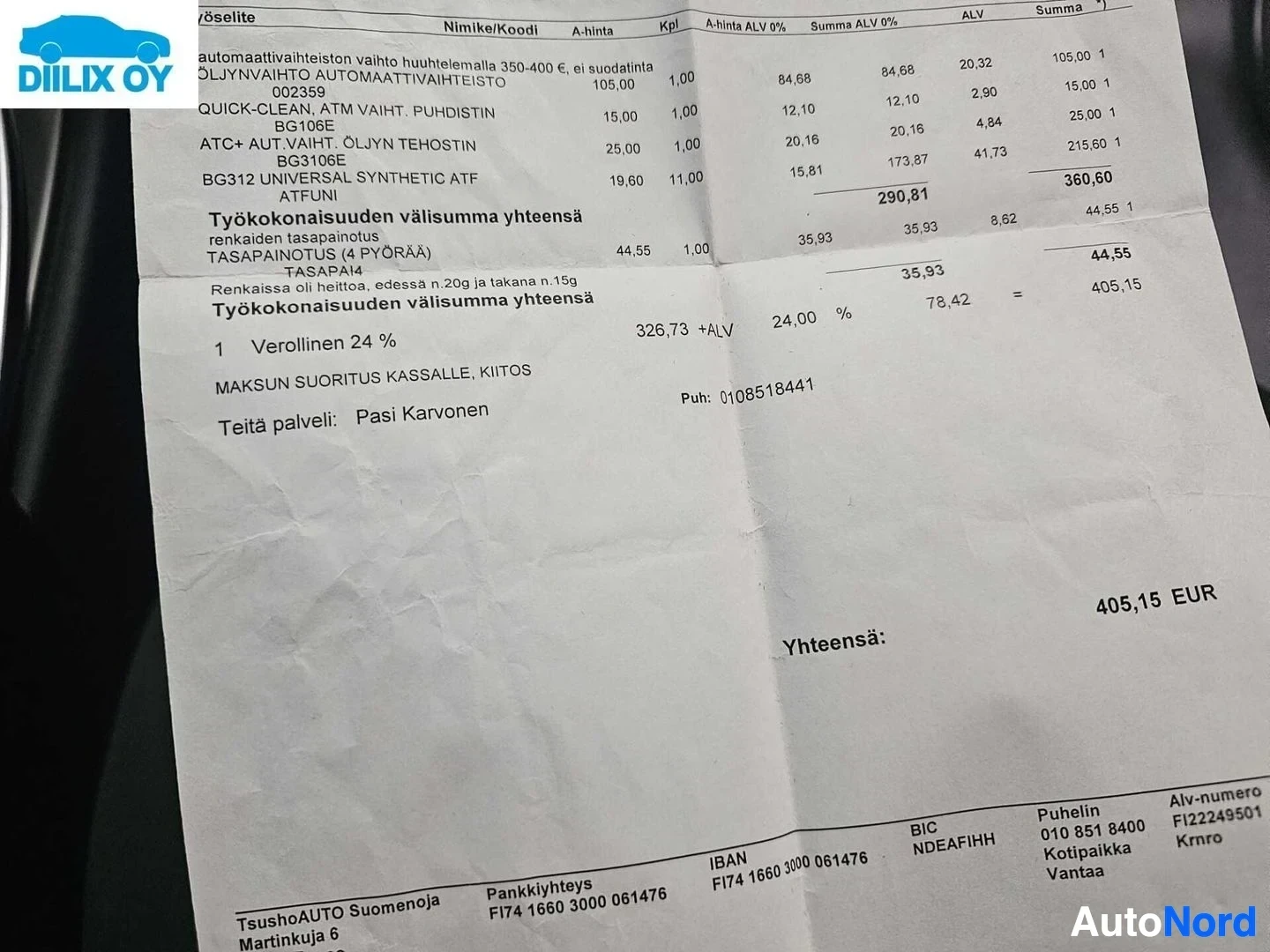 Asiakirja: Opel-huoltopalvelun lasku. Näkyvissä öljynvaihdot, suodattimet, nestehuuhtelut ja muut huoltotyöt. Palvelun hinta yhteensä 405,15 EUR. Lasku myöntäjä TeushoAUTO