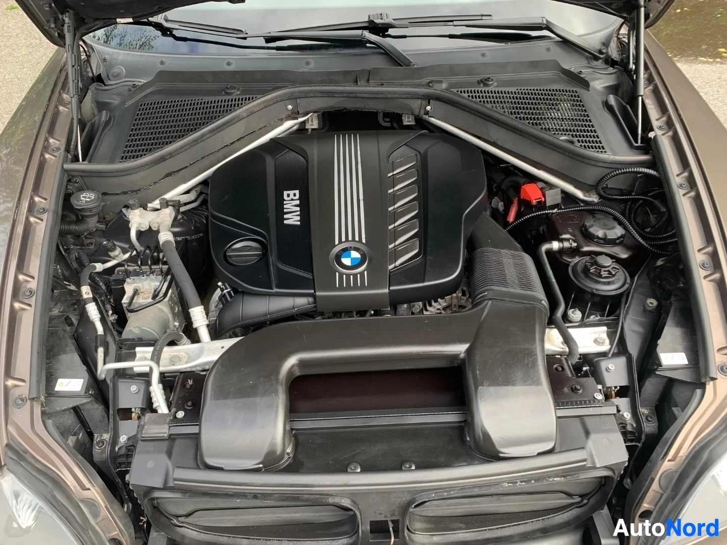 Moottoritila: Avoin konepelti paljastaa BMW-moottorimoduulin, jossa on BMW-merkki, vertikaaliset rivat ja punainen paisuntasäiliö oikealla puolella.
