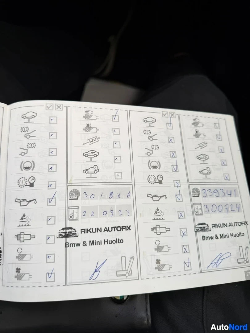 Asiakirja: Huoltokirja, jossa näkyy lisää kuvakkeita ja merkintöjä sekä "RIKUN AUTOFIX Bmw & Mini Huolto" -teksti allekirjoituksilla.