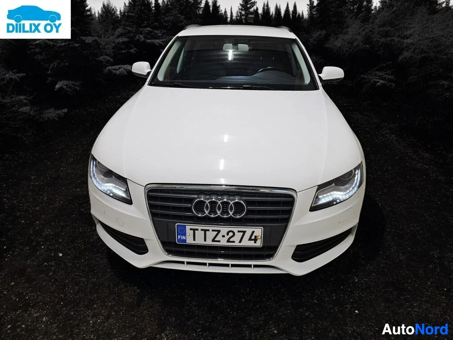 Edestä: Valkoinen Audi-farmari edestä kuvattuna, rekisterikilvessä, LED-ajovalot, pimeällä puustolla