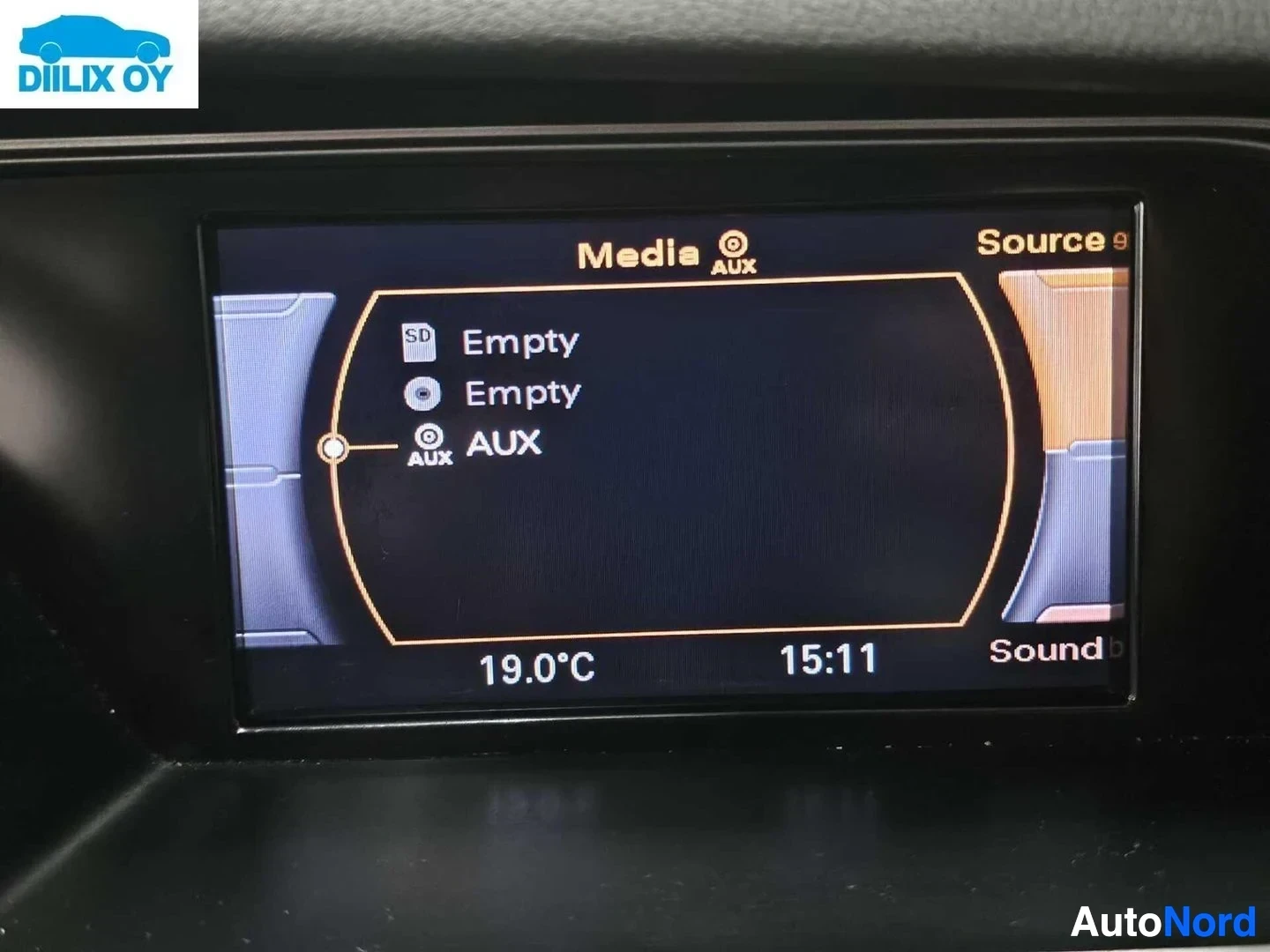 Yksityiskohta: Auton multimediaruudulla näkyy Media-valikko, jossa näkyvät SD-kortin ja AUX-sisääntulon asetukset. Näytöllä lukee kello 15:11 ja lämpötila 19,0°C.