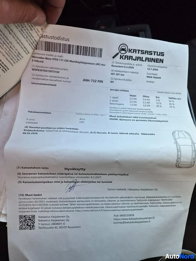 Asiakirja: Lähikuva katsastustodistuksesta, jossa näkyvät ajoneuvon tiedot ja katsastustulokset.