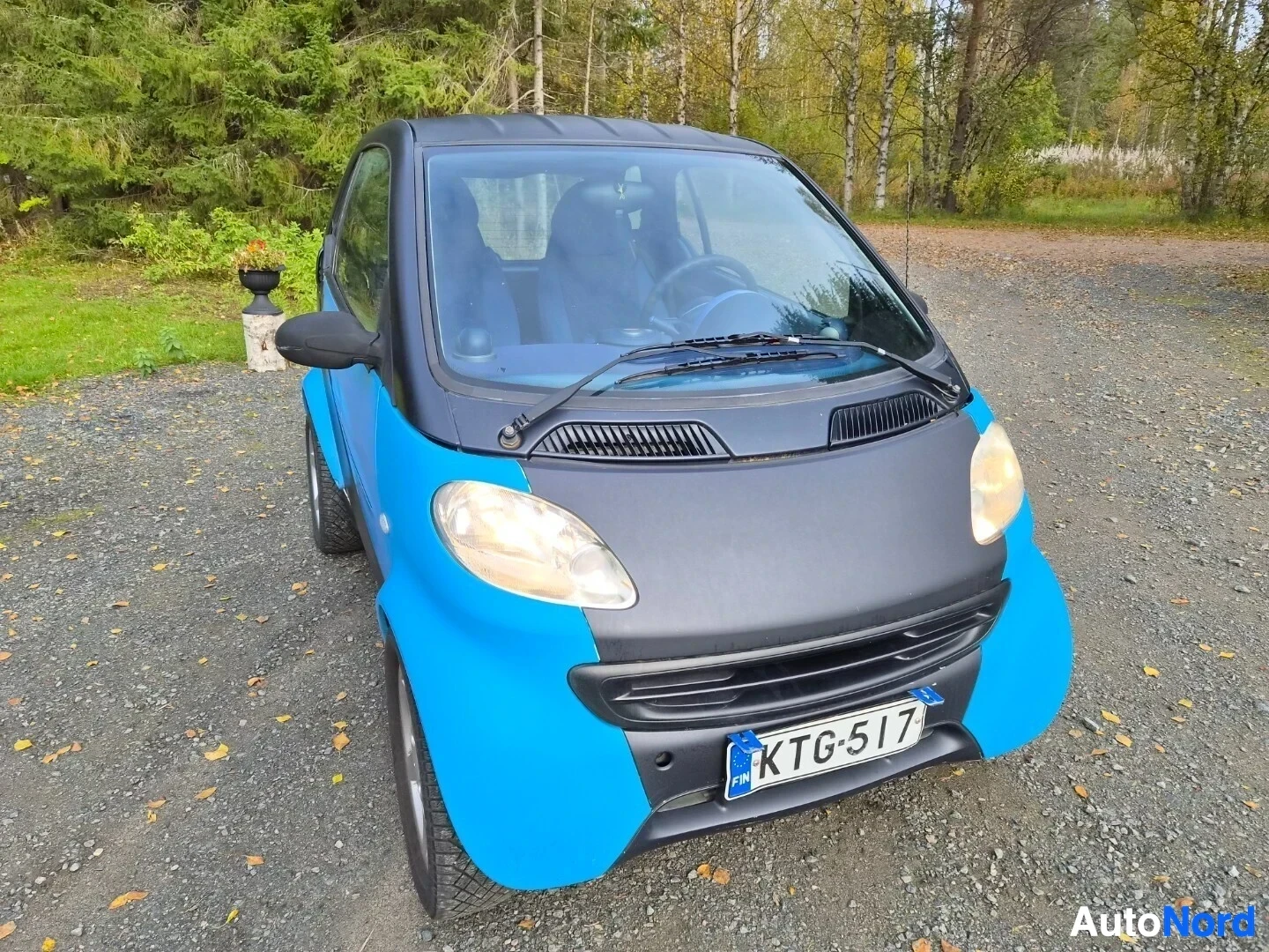 Etuviisto, nokka vasemmalle: Sininen ja mattamusta Smart Fortwo edestäpäin kallioisella alustalla, metsäisessä ympäristössä.