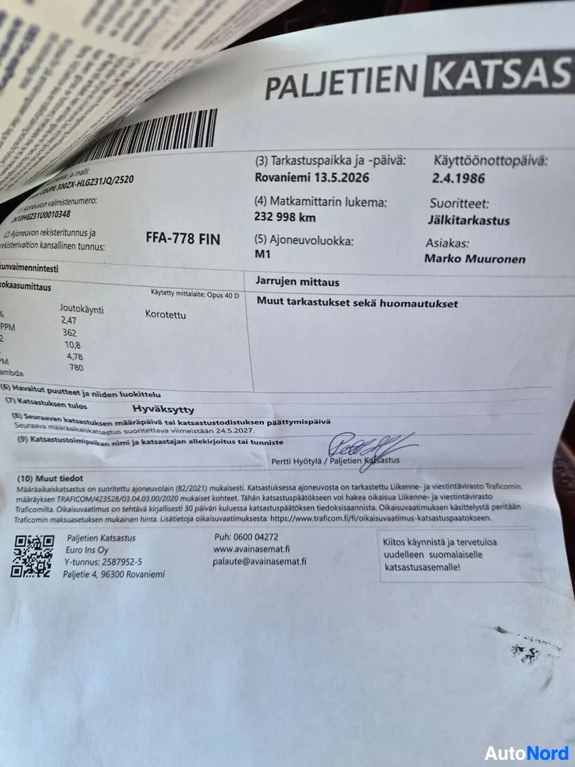 Asiakirja: Kuva katsastustodistuksesta, jossa näkyy auton tiedot, katsastuksen päivämäärä, kilometrilukema ja tulokset.