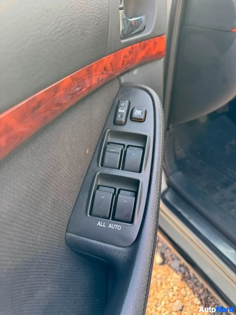 Yksityiskohta: Auton ovipaneeli, jossa sähköikkunoiden katkaisimet ja ikkunoiden lukitus. Painikkeessa teksti "ALL AUTO".