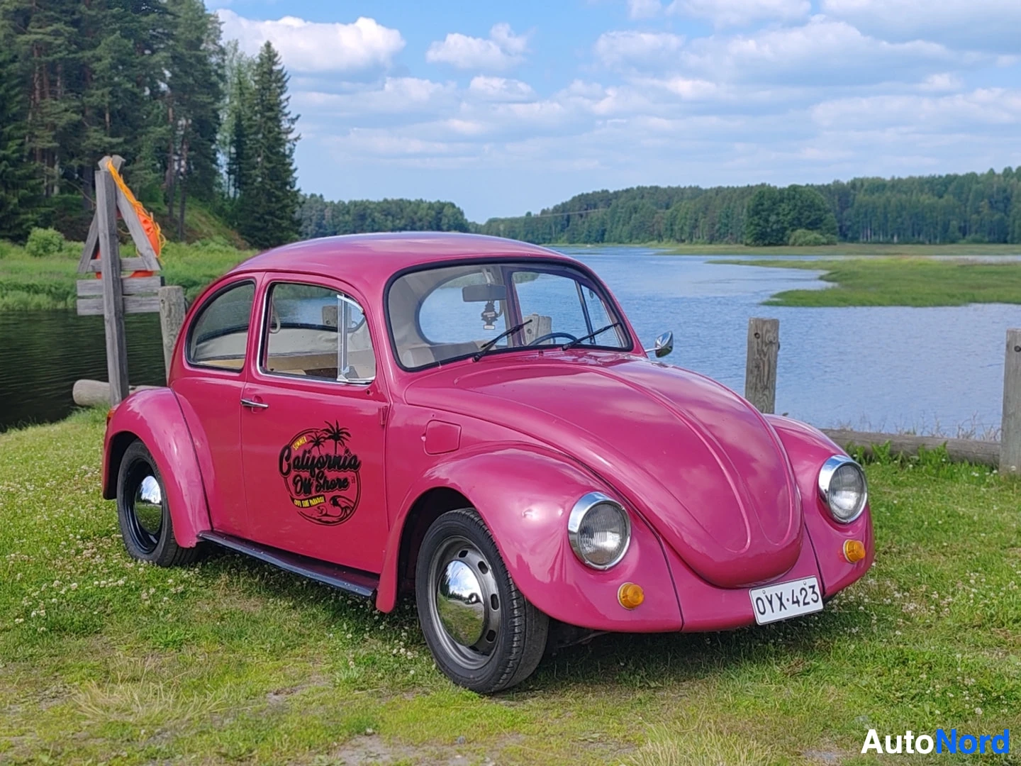 Etuviisto, nokka oikealle: Vaaleanpunainen Volkswagen Kupla pysäköitynä rannan ruohikolle joen tai järven rannalla. Autossa on valkoiset rekisterikilvet, joissa on tunnus. Matkusta