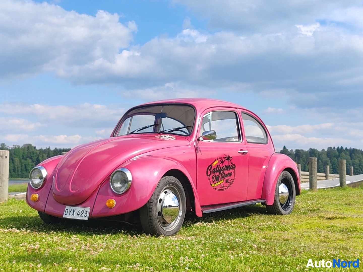 Etuviisto, nokka oikealle: Vaaleanpunainen Volkswagen Kupla pysäköitynä rannan ruohikolle joen tai järven rannalla. Autossa on valkoiset rekisterikilvet, joissa on tunnus. Matkusta