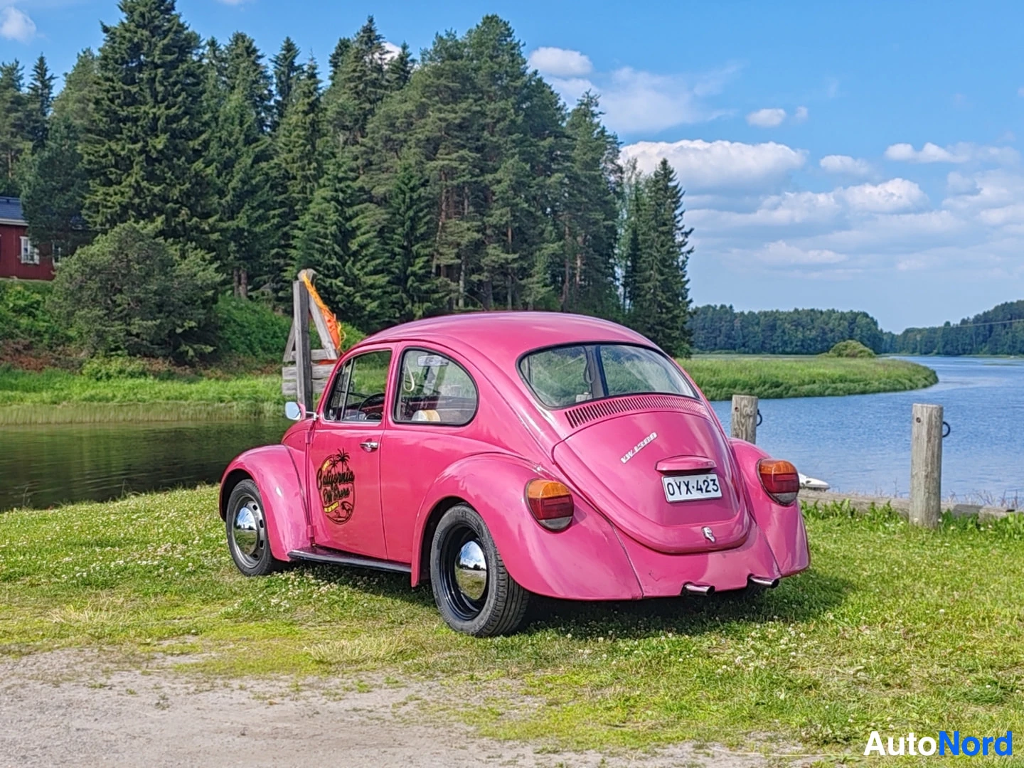 Takaviisto: Vaaleanpunainen Volkswagen Kupla on pysäköity nurmikolle joen rantaan, puurivin edustalle. Auton rekisterikilpi on "".