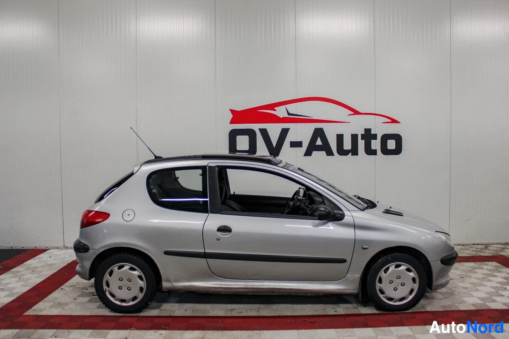 Sivulta: Hopeinen Peugeot 206 kuvattuna suoraan sivulta. Autossa on kattokaiteet ja peltivanteet.