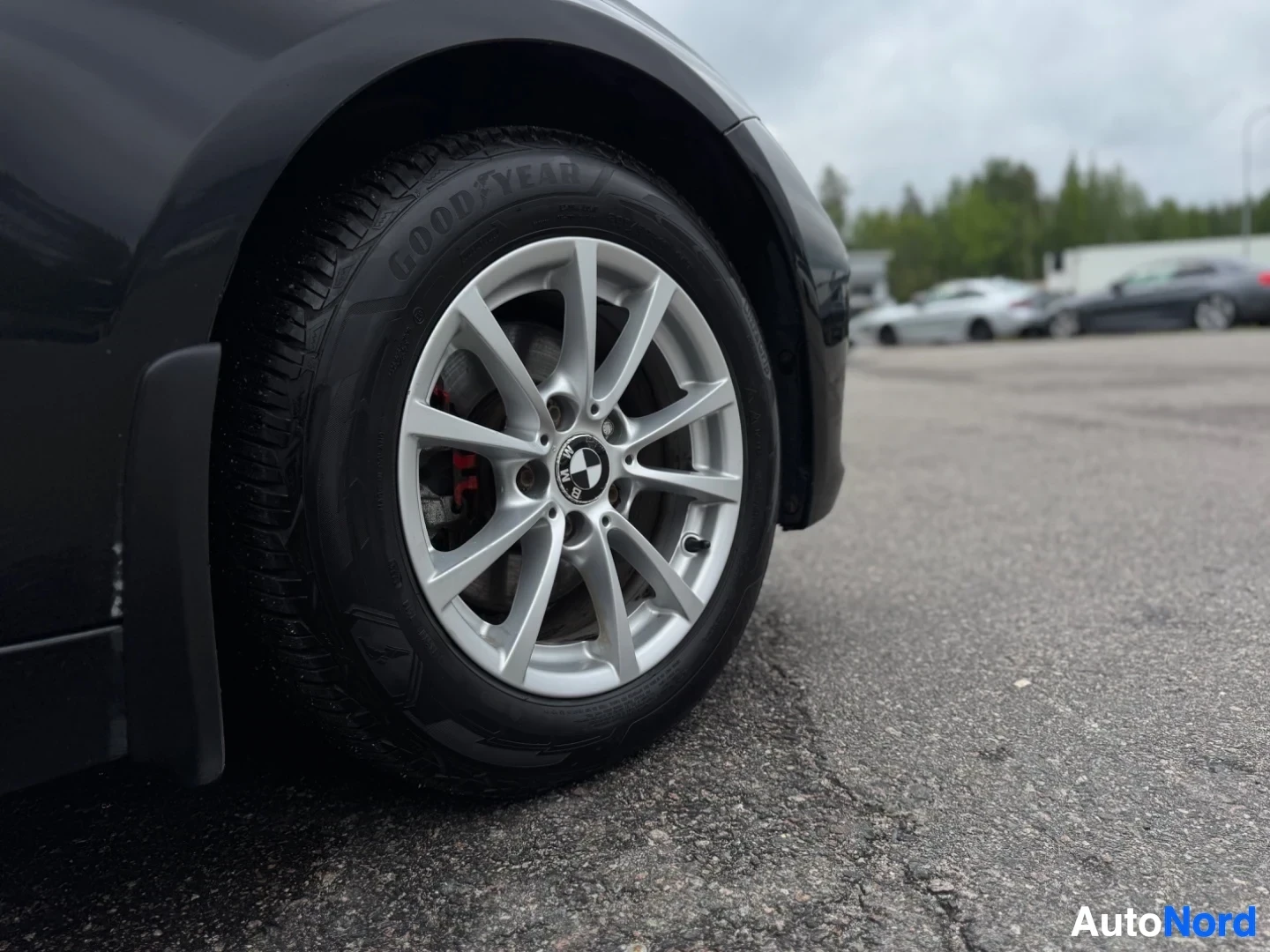 Yksityiskohta: Lähikuva auton etupyörästä alhaalta kuvattuna. Vanteet ovat hopeiset ja jarrusatula punainen. Renkaassa lukee Goodyear.