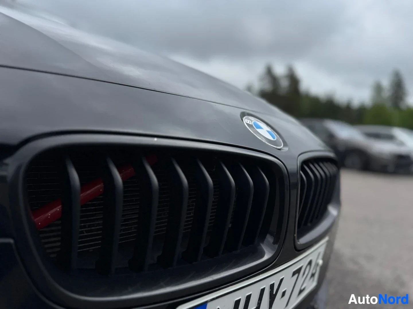Edestä: Lähikuva auton keulasta, jossa näkyy musta säleikkö, BMW-logo ja osittain rekisterikilpi, jossa on merkintä "JY-724". Taustalla näkyy epäselvästi puita ja muita