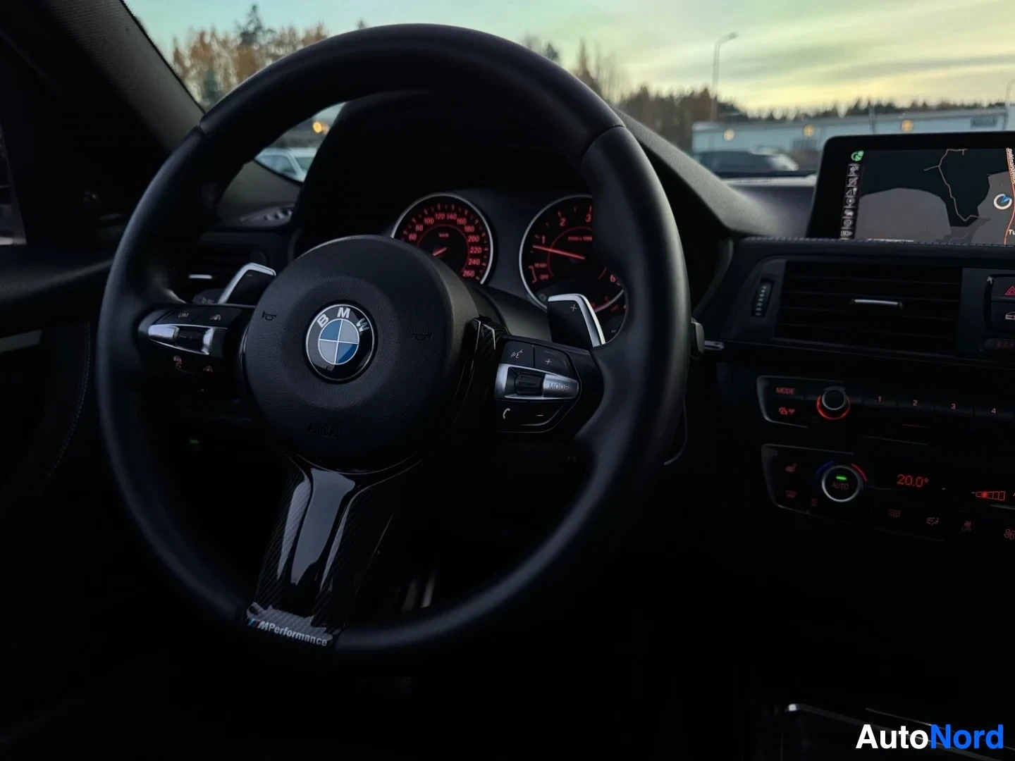 Yksityiskohta: Lähikuva auton ohjauspyörästä, jossa on hopeinen BMW-logo ja M Performance -merkintä alaosassa. Ohjauspyörässä on monitoimipainikkeet ja sen takana näkyy mittar